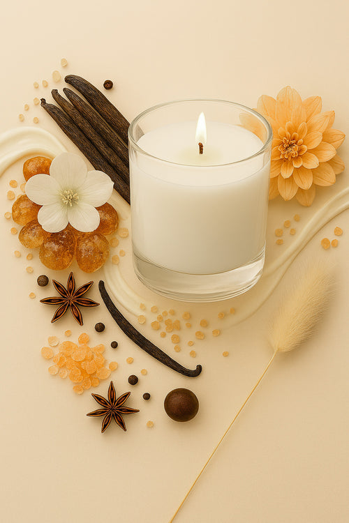 Ambered Vanilla candle with vanilla beans, star anise, and flowers on a beige background