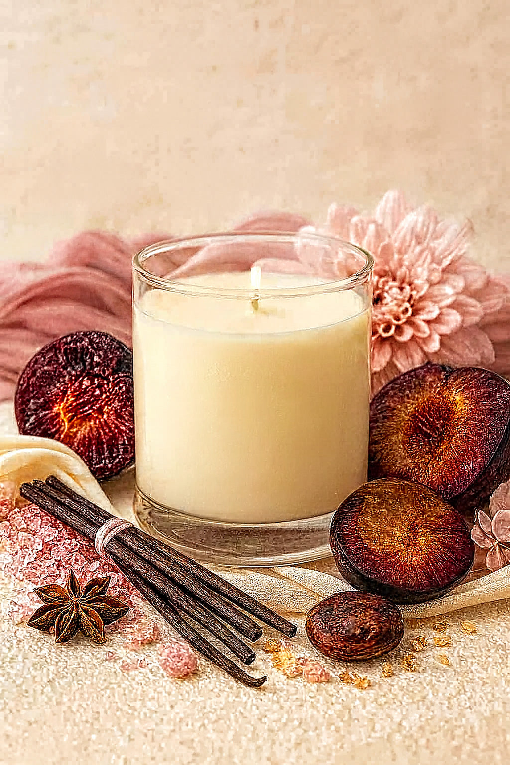 Cashmere Plum candle in a glass jar with dried fruits and spices on a textured surface