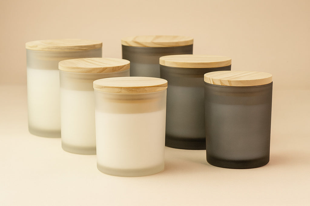 Set of glass jars with wooden lids on a beige background