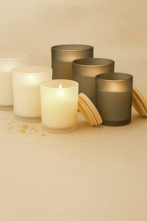 Posh Mono set of candles in various holders on a beige surface