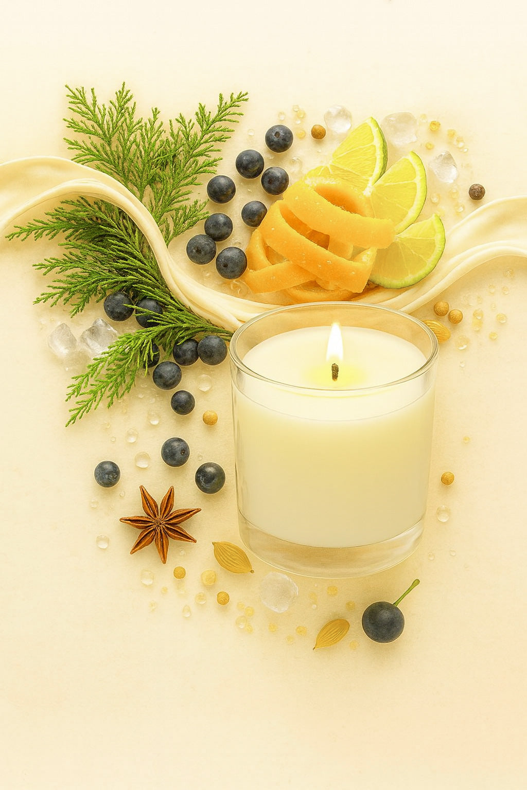 Dry Gin & Cypress candle with decorative elements on a light background