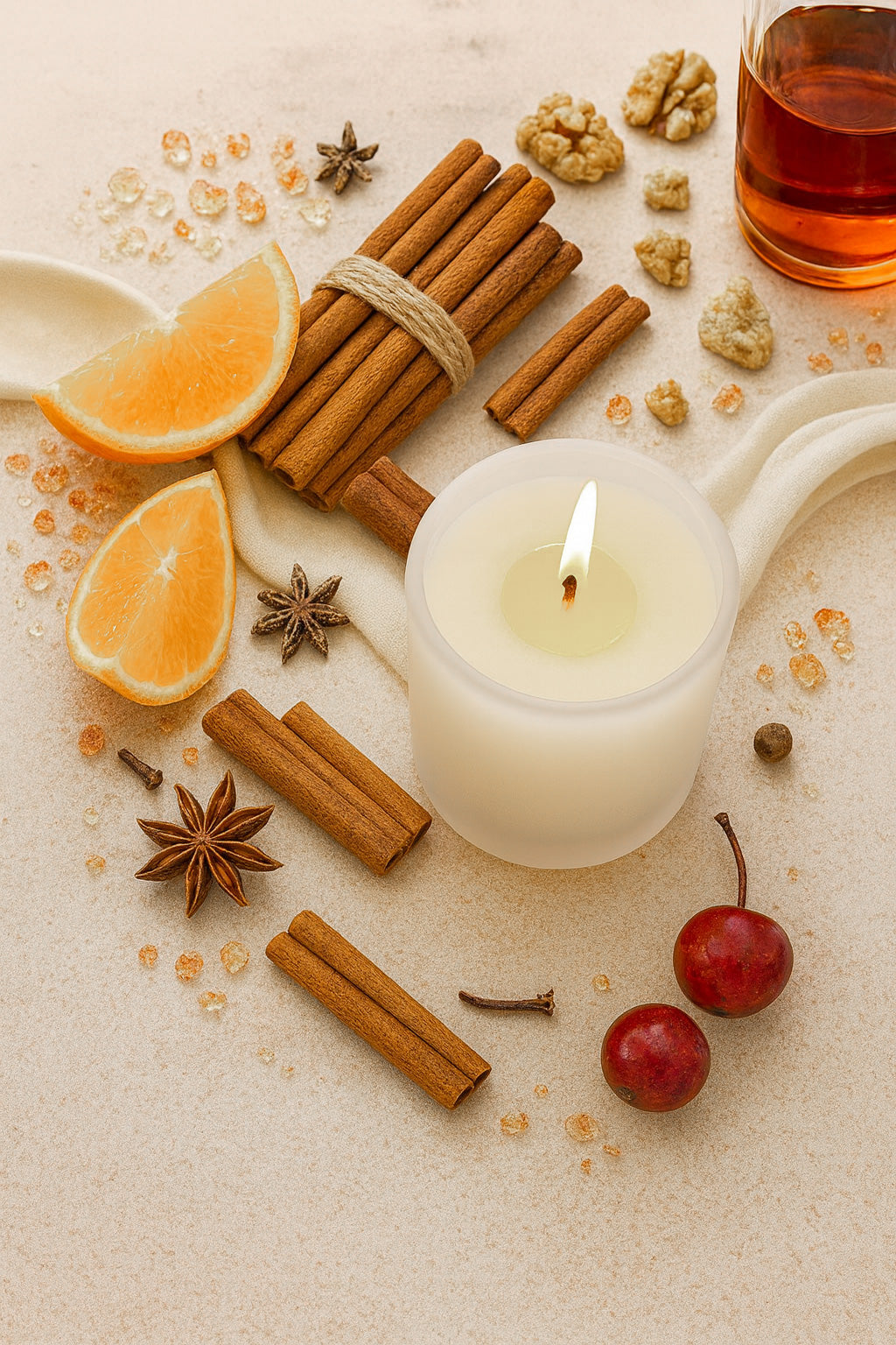 Sparkling Negroni candle with cinnamon sticks, oranges, and other spices on a textured surface
