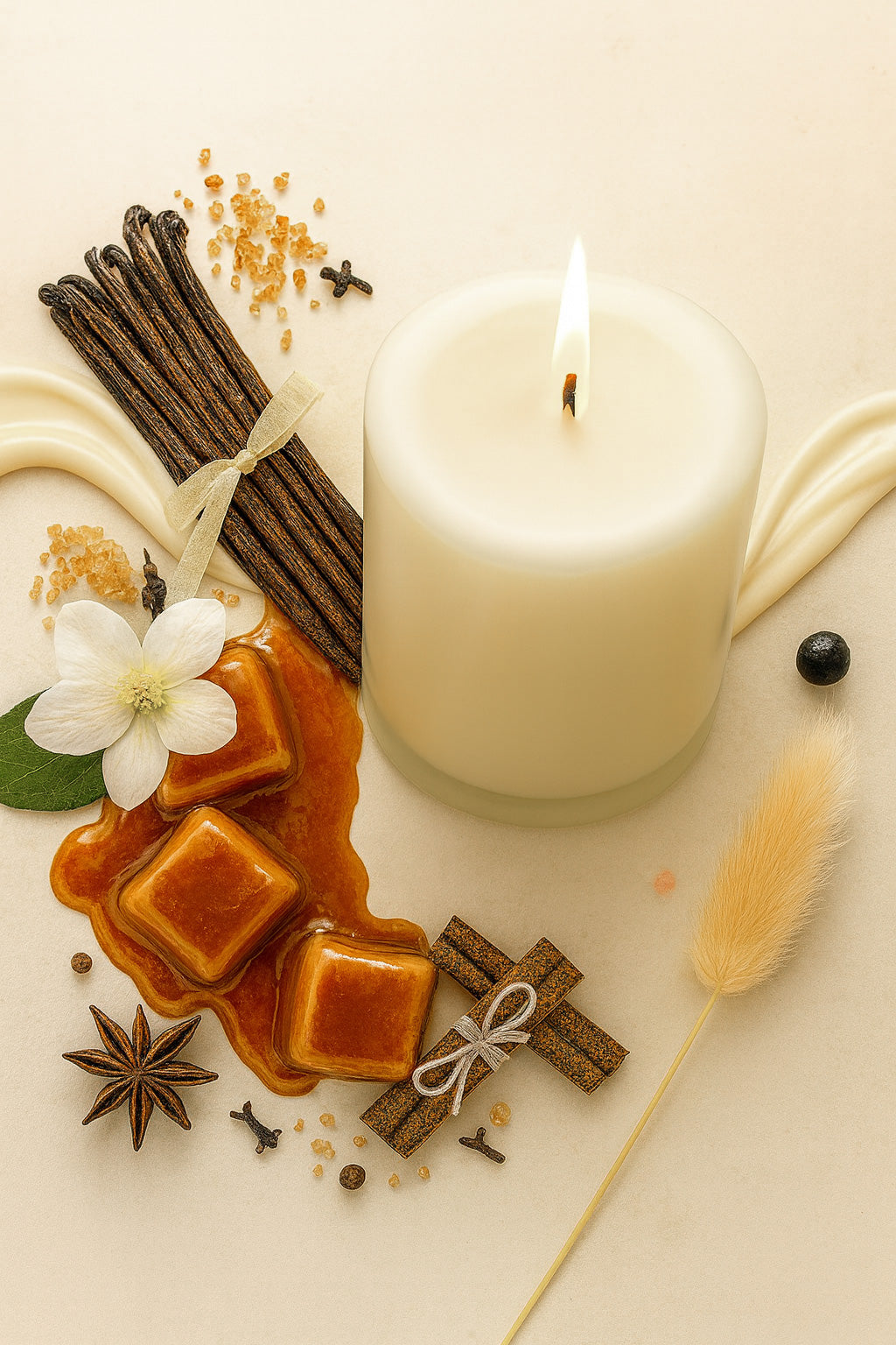 Sweet Vanilla Caramel candle with cinnamon sticks, star anise, and other spices on a beige background