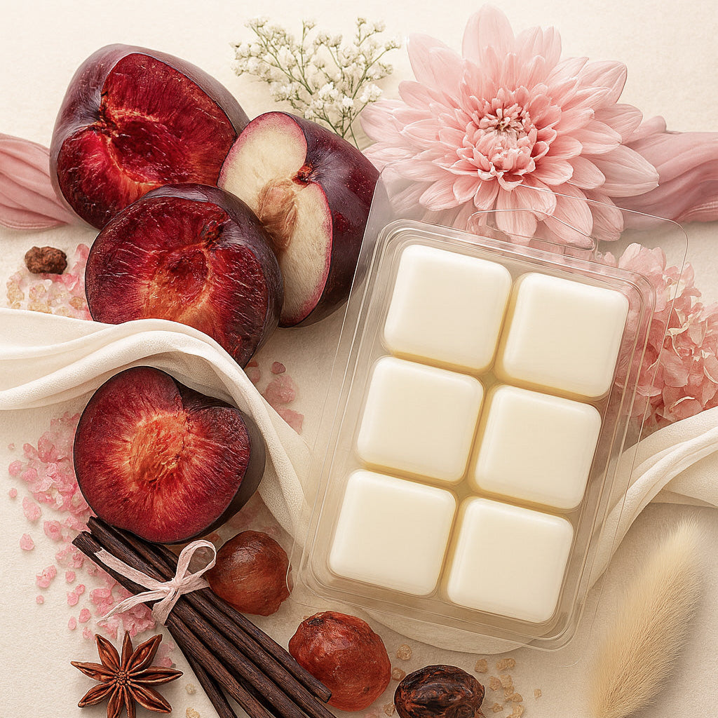 Cashmere Plum wax melts in a clam shell container with plums, flowers, and spices on a light background