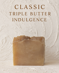 Bar of soap with 'Classic Triple Butter Indulgence' text on a textured beige background