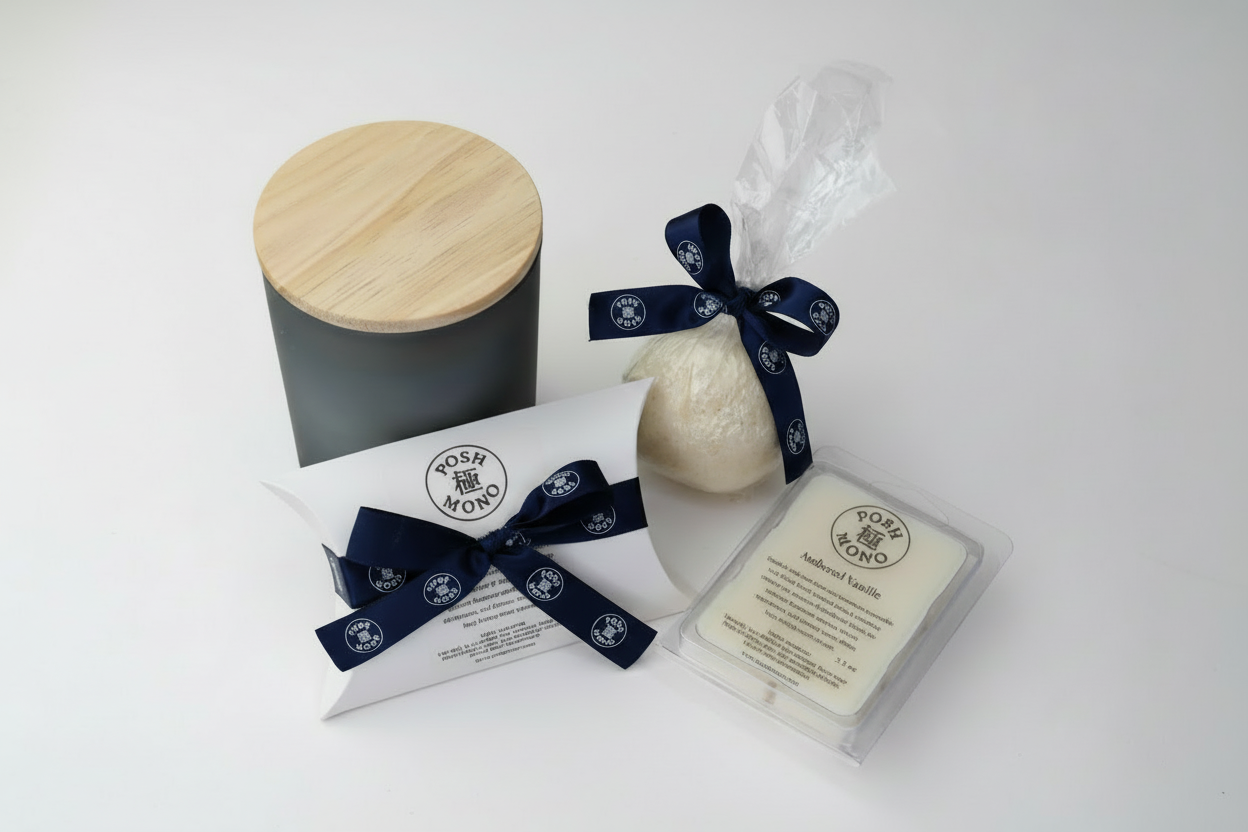 Set of bath products including a candle, soap, and loofah with branded packaging on a white background.