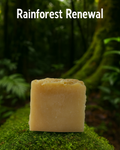 Bar of soap on a green background with 'Rainforest Renewal' text