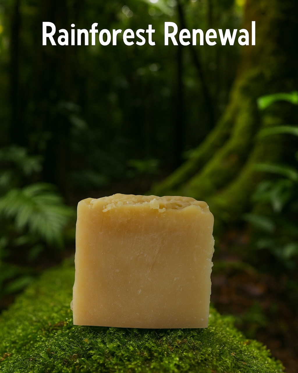Bar of soap on a green background with 'Rainforest Renewal' text