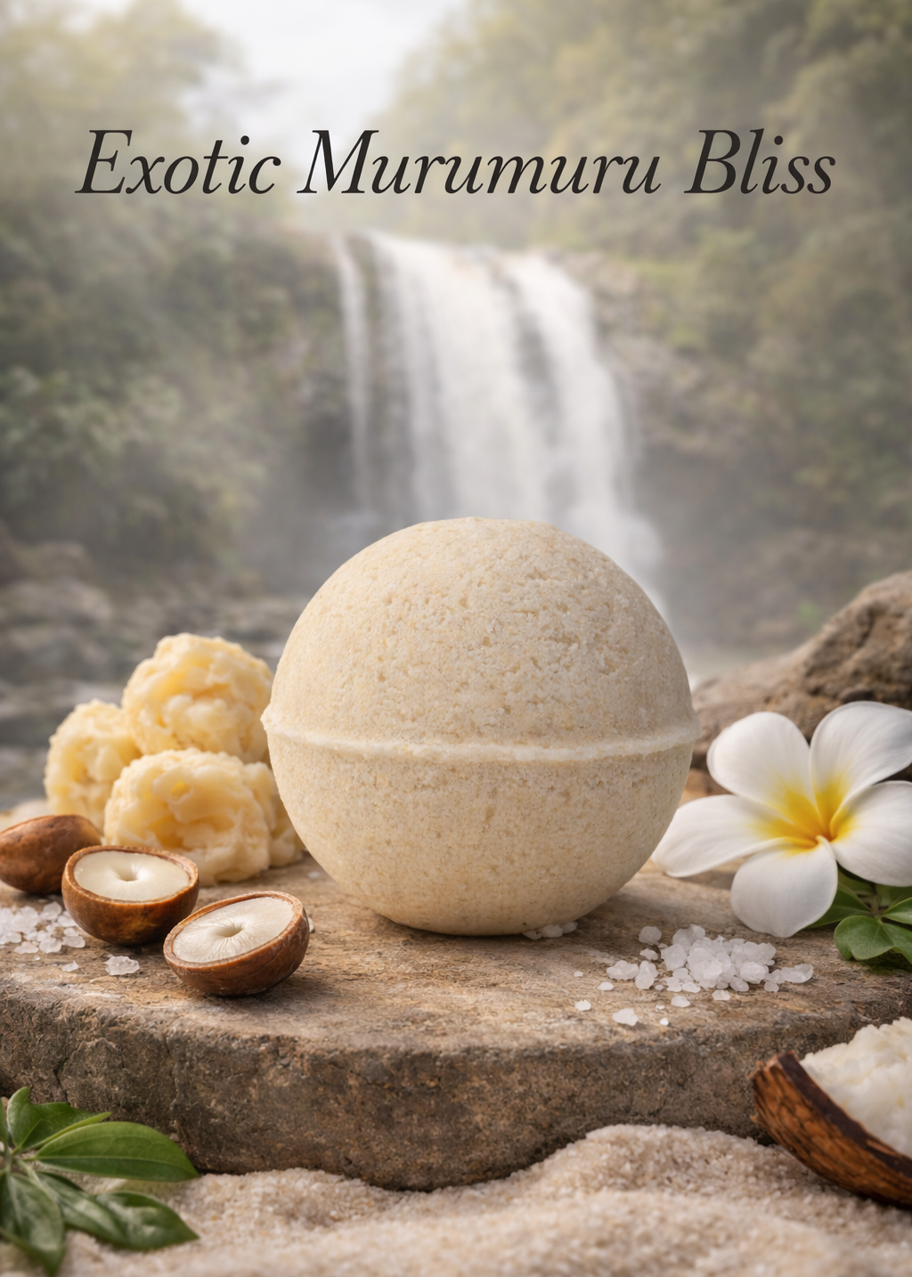 Bath bomb with natural ingredients on a stone surface with a waterfall in the background, labeled 'Exotic Murumuru Bliss'.