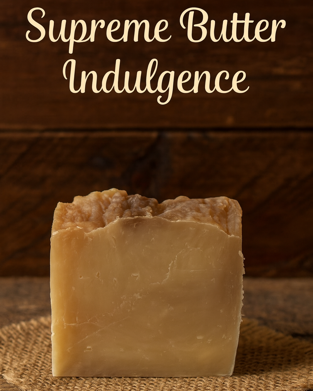 Bar of soap with 'Supreme Butter Indulgence' text on a wooden background