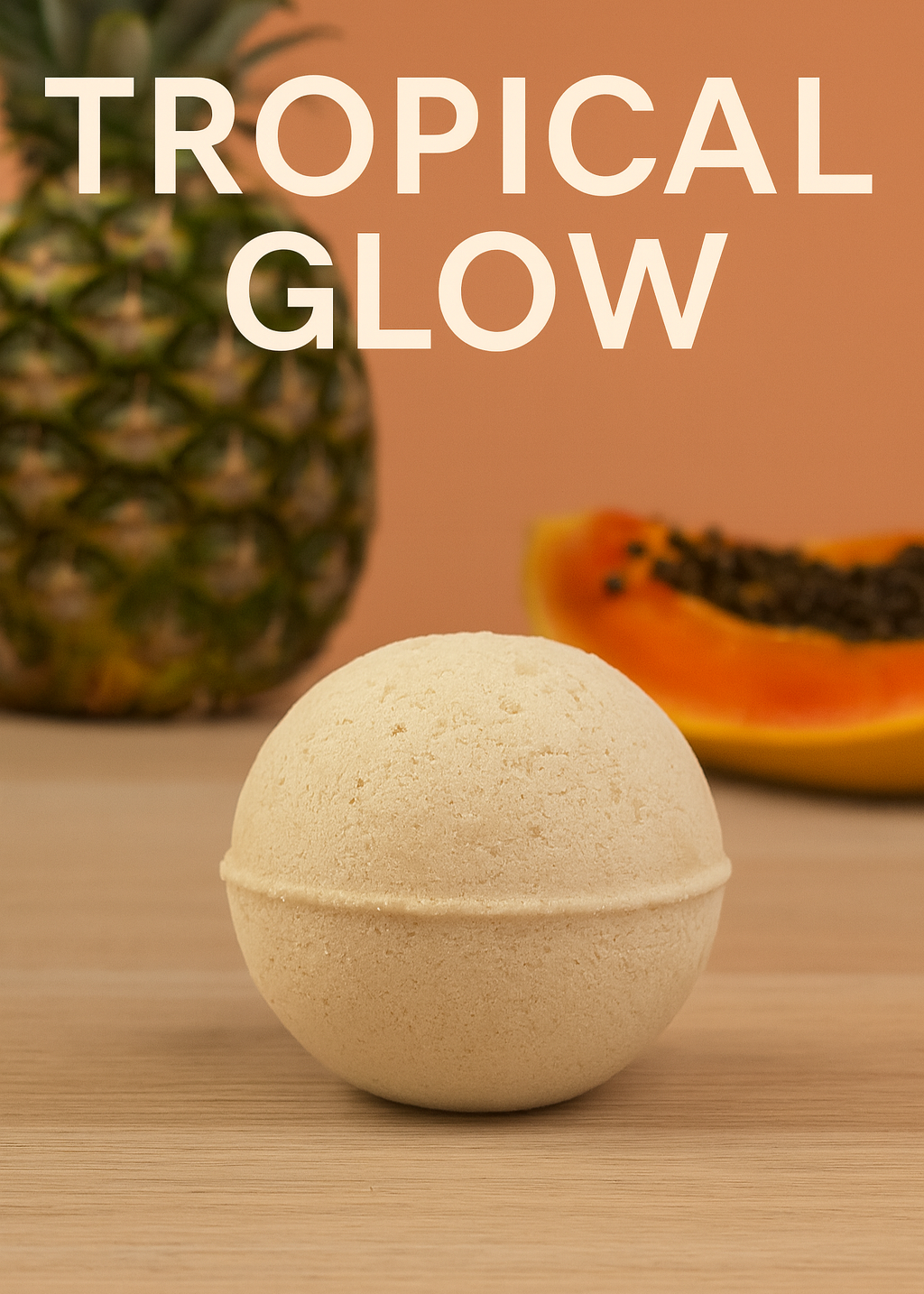 Bath bomb with pineapple and papaya on a wooden surface, labeled 'Tropical Glow'.
