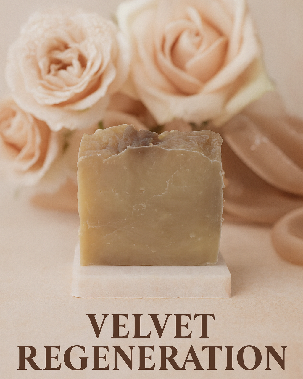 Bar of soap on a white stand with pink roses in the background, featuring the text 'Velvet Regeneration'.
