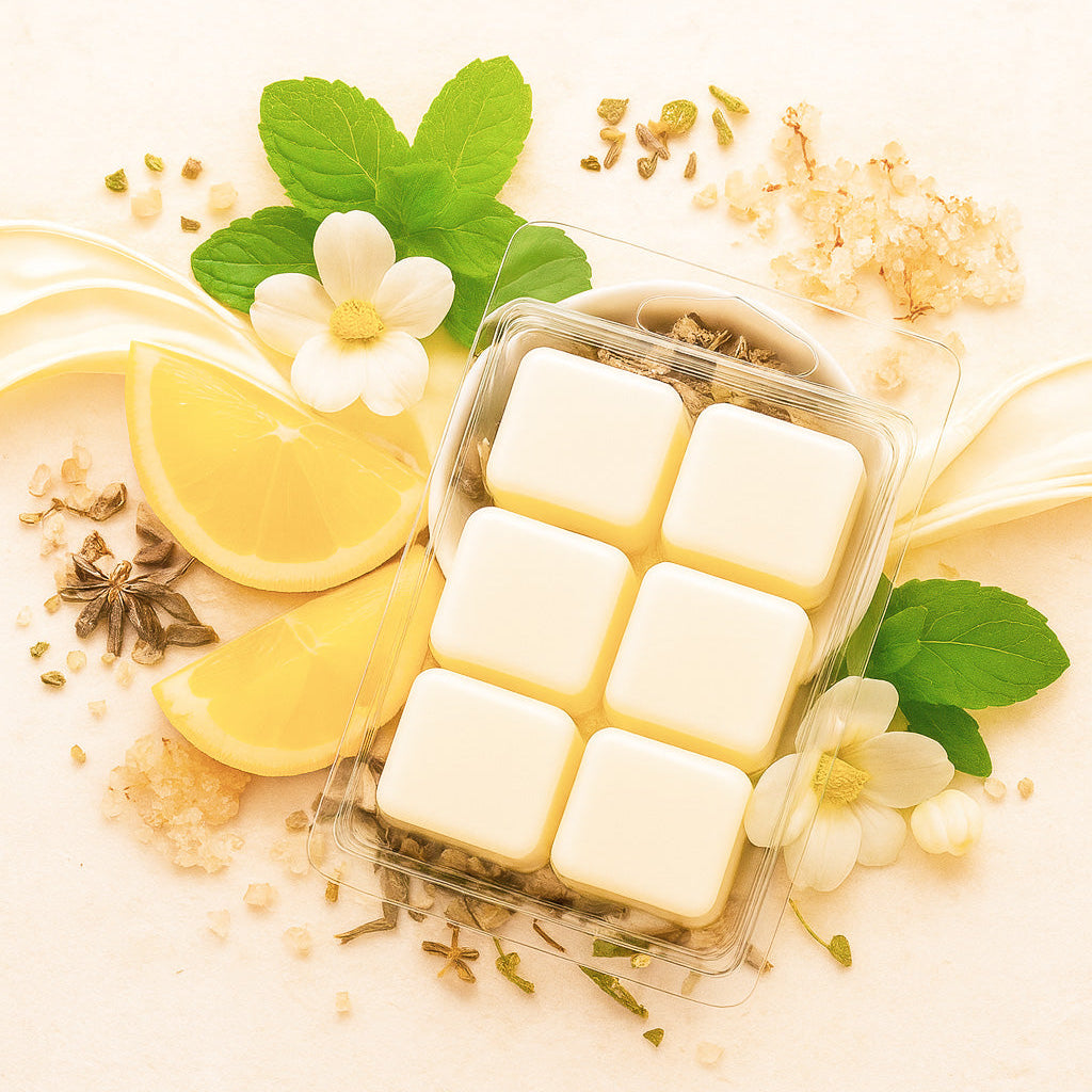 Packaged wax melt clam shell white tea with lemon slices, mint leaves, and flowers on a light background